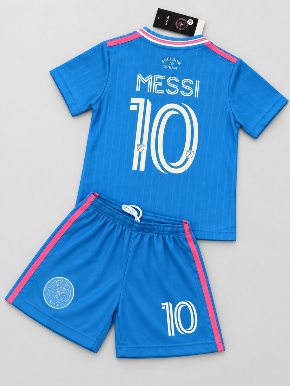 Kids Messi 10 Inter Miami Blue Pink Soccer Jersey Shorts Set Youth Boys Gilrs